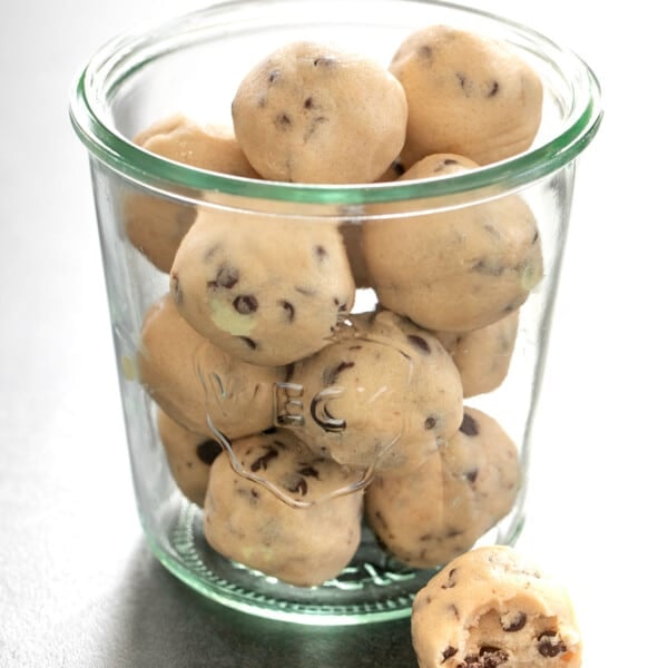 gluten free cookie dough balls in glass jar