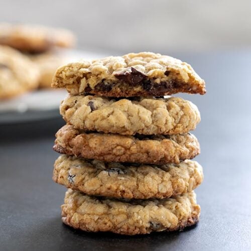 stack of 5 oatmeal cookies with top one broken