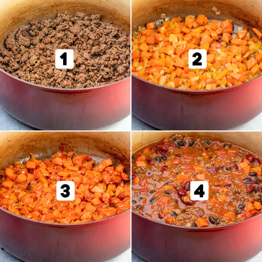 Red cast iron skillet with cooked ground beef and label number 1, cooked orange and yellow chopped vegetables with label number 2, with red tomato paste added with label number 3, and with tomatoes and stock liquid added with label number 4.