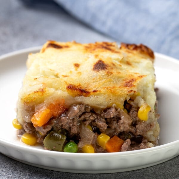 gluten free shepherd's pie square serving on small white plate