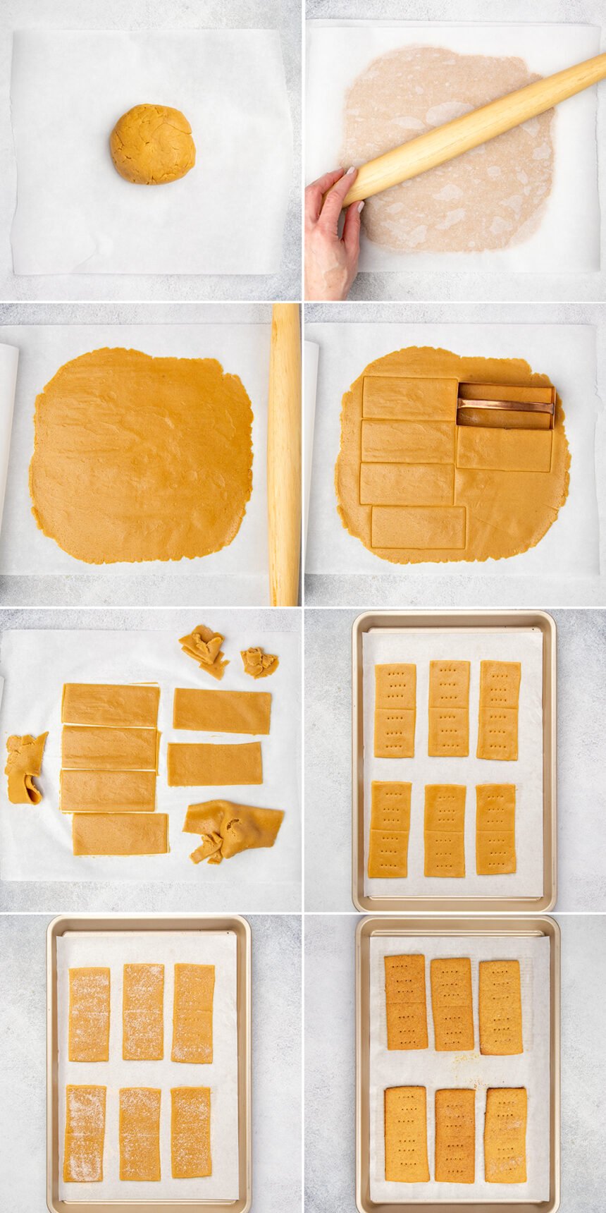 step by step images showing light brown graham cracker crust in a ball, being rolled out between parchment paper sheets with a rolling pin, being cut into rectangles, on a baking sheet without and with cinnamon sugar on top, and baked on a tray