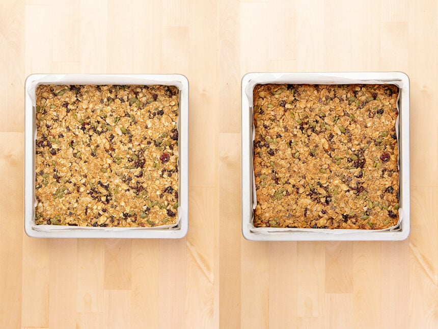 granola bars in square metal baking pan unbaked and then baked