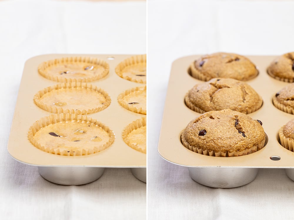 Banana oatmeal muffins in metal 6 cup muffin tin with light brown cupcake liners first unbaked then baked
