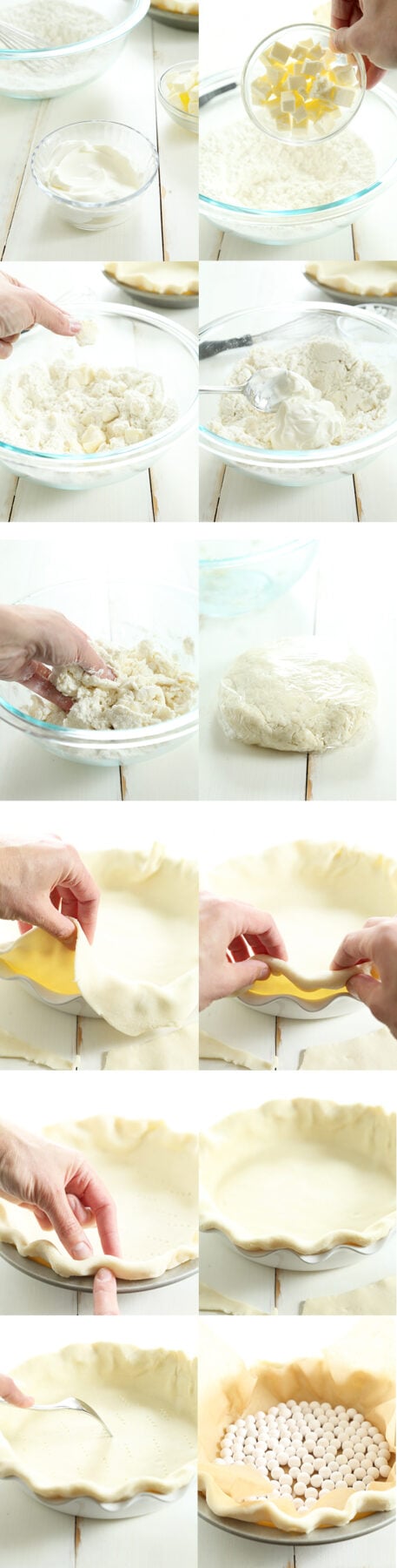 step by step photos of hands combining gluten free flour, butter, sour cream, and water into pie crust that is then rolled out and put in a metal pie plate