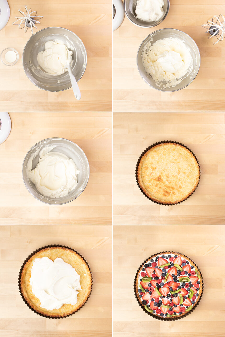 making white cream cheese whipped cream filling in metal mixer bowl, empty brown tart crust, filled brown tart crust with white filling, and filling topped with blue, red, green fruit