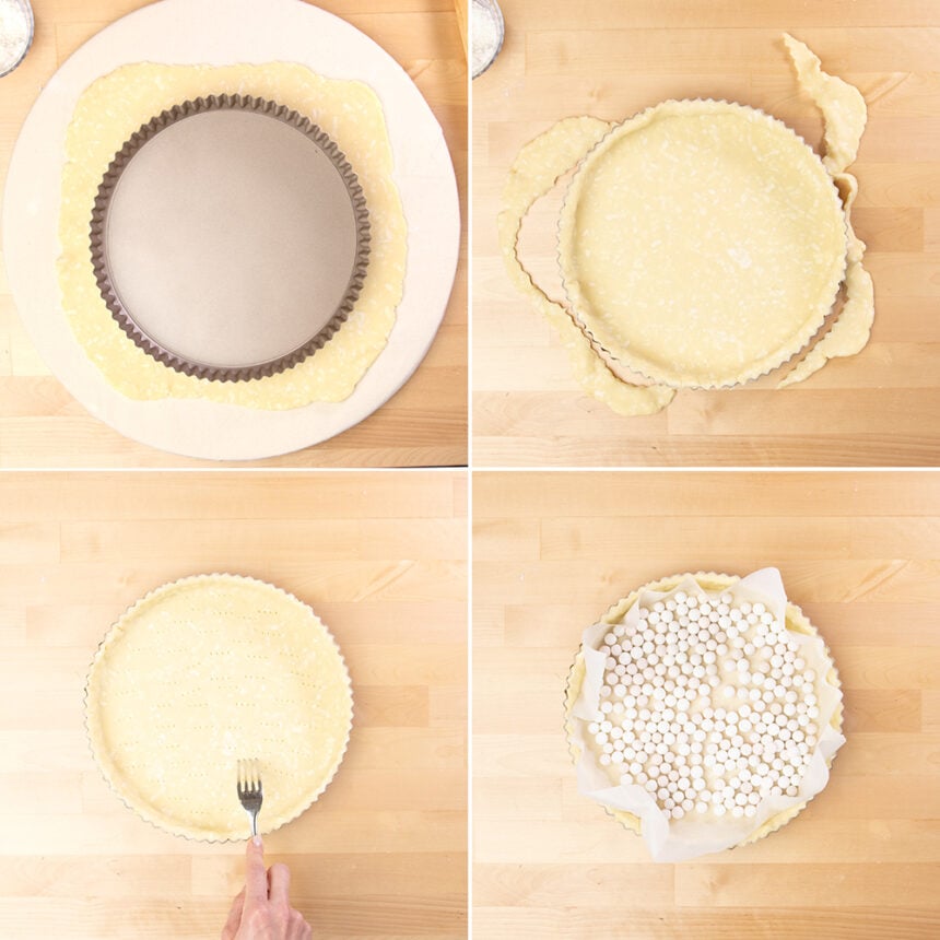 measuring rolled out tart crust against golden colored tart pan, shaping tart crust in pan, piercing raw crust with tines of fork, tart lined with white paper and filled with white balls for pie weights