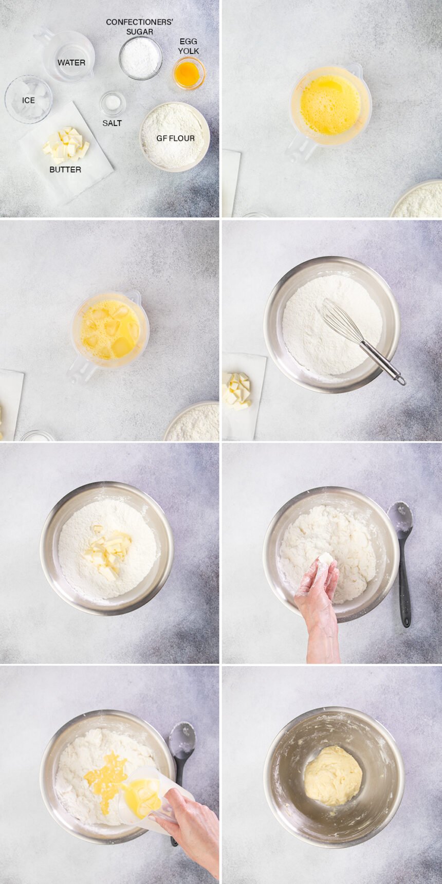 ingredients in small bowls for sweet tart crust, images of steps for making crust combining egg yolk into water and ice, hand pouring mixture into white powder in bowl, mixed dough in a light yellow ball