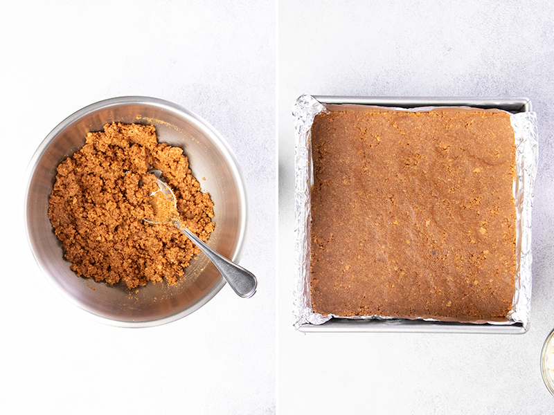 light brown graham cracker and butter mixture in metal bowl with mixing spoon, and then mixture pressed into square metal baking pan