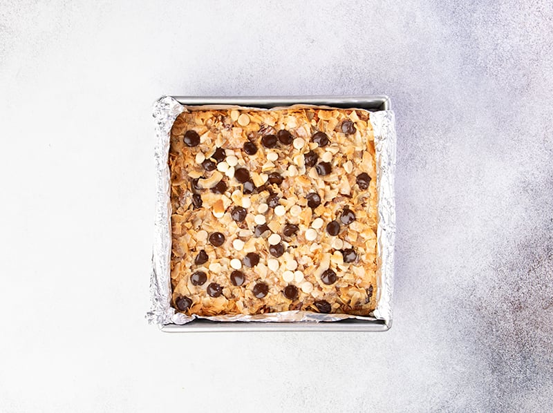 Overhead image of baked 7 layer bars still in pan