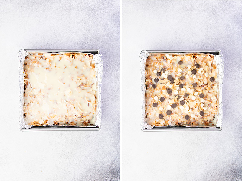 sweetened condensed milk on 7 layer bars with final chips on top