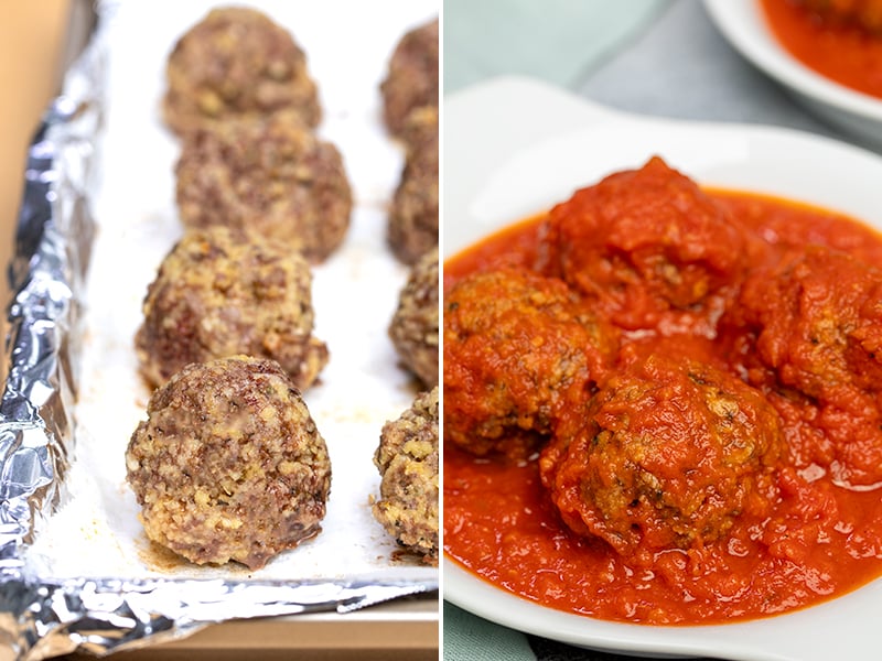 Baked gluten free meatballs on baking sheet and in tomato sauce in white dish