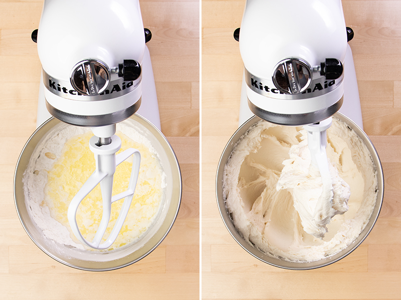 gluten free bread dough ingredients in kitchen aid mixer before and after mixing with paddle attachment