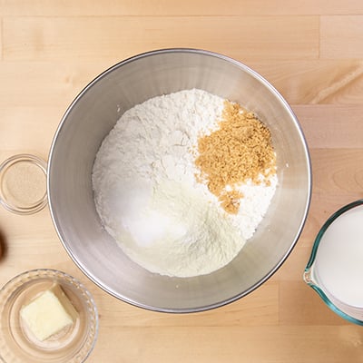 Dry ingredients in metal mixing bowl