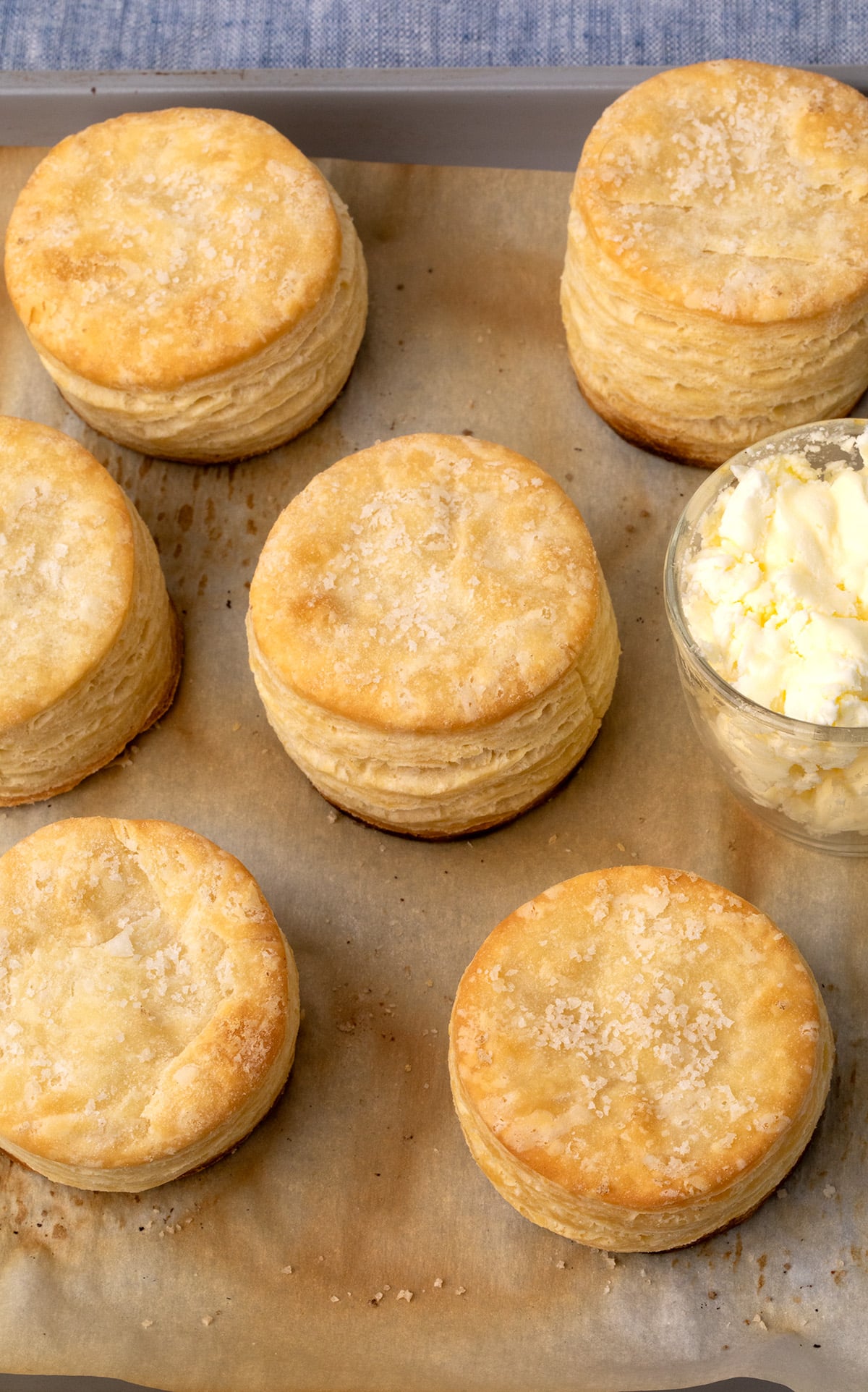 Overhead image of 6 round biscuits on browned paper with a small glass bowl filled with whipped pale yellow butter