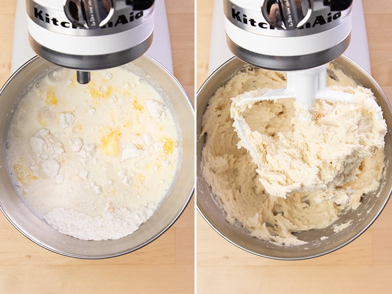 Gluten free cinnamon roll ingredients in mixer and mixed raw dough in mixer bowl