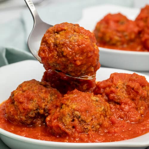 gluten free meatballs on serving spoon