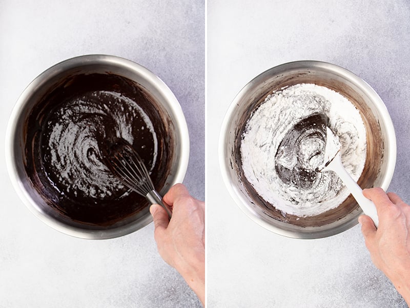 Hand whisking in cocoa powder and then folding in flour with spatula