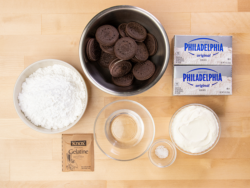 Oreo cheesecake filling ingredients in bowls