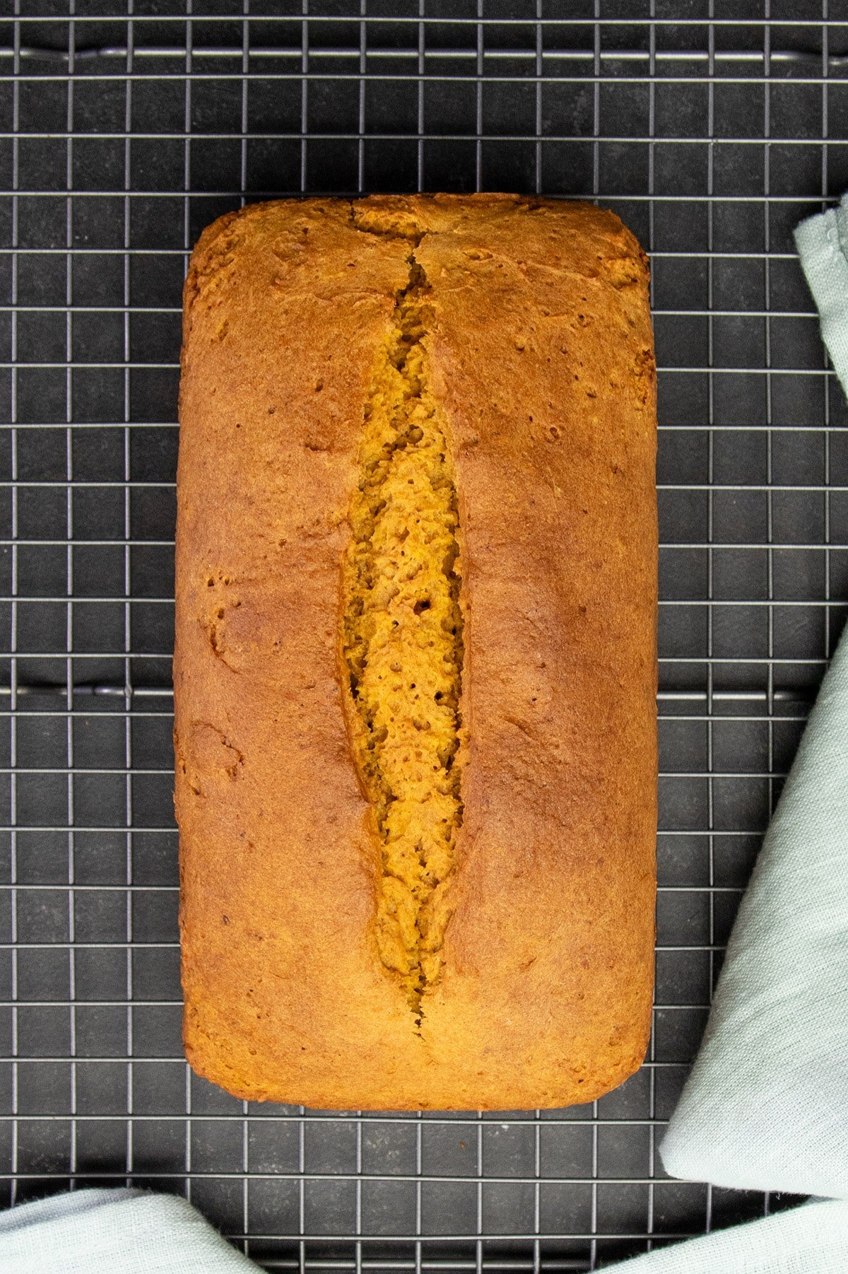 Overhead image of whole loaf of gluten free pumpkin bread on wire rack with light blue cloth