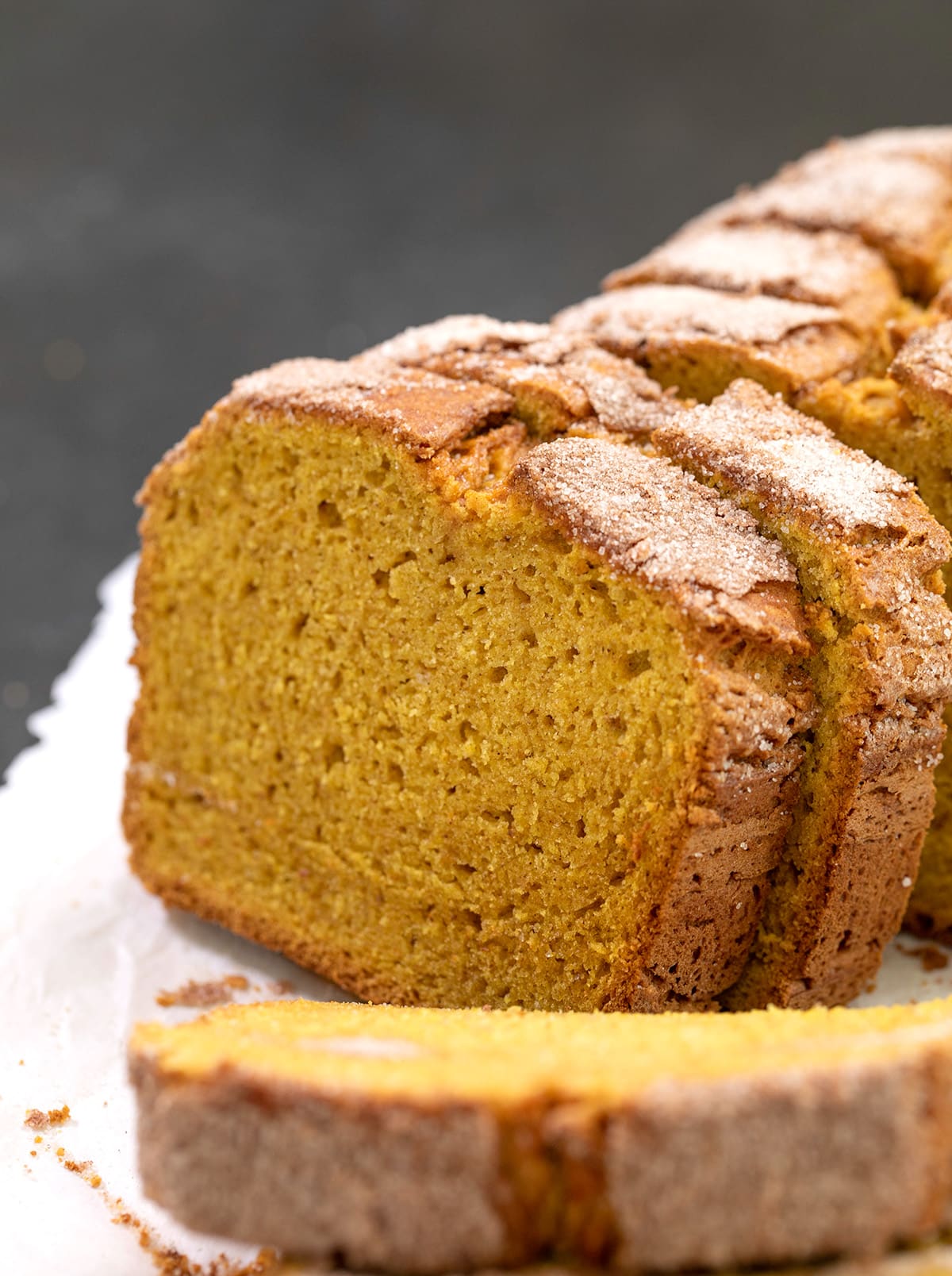 gluten free pumpkin bread slices on white paper