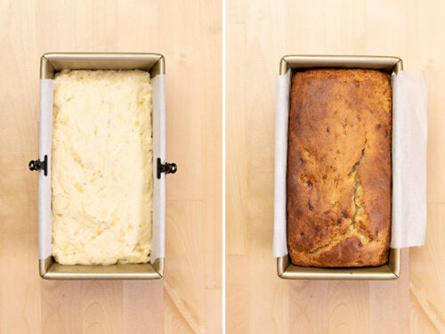 Raw banana bread batter in loaf pan and baked banana bread in loaf pan