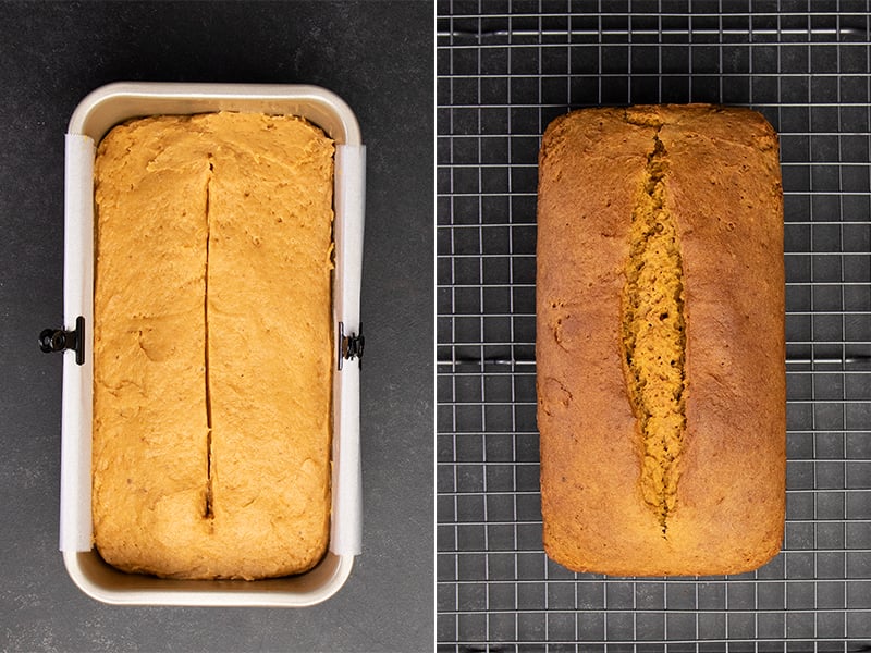 Raw pumpkin bread batter in loaf pan and baked gluten free pumpkin bread on wire rack