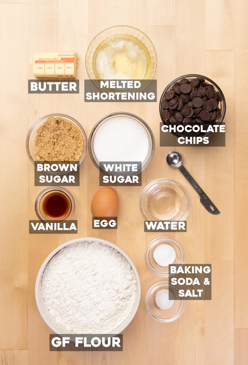 Ingredients in gluten free chips ahoy cookies recipe in small bowls with identifying ingredient names