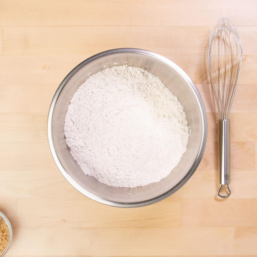 whisked dry ingredients in same mixing bowl with wire whisk