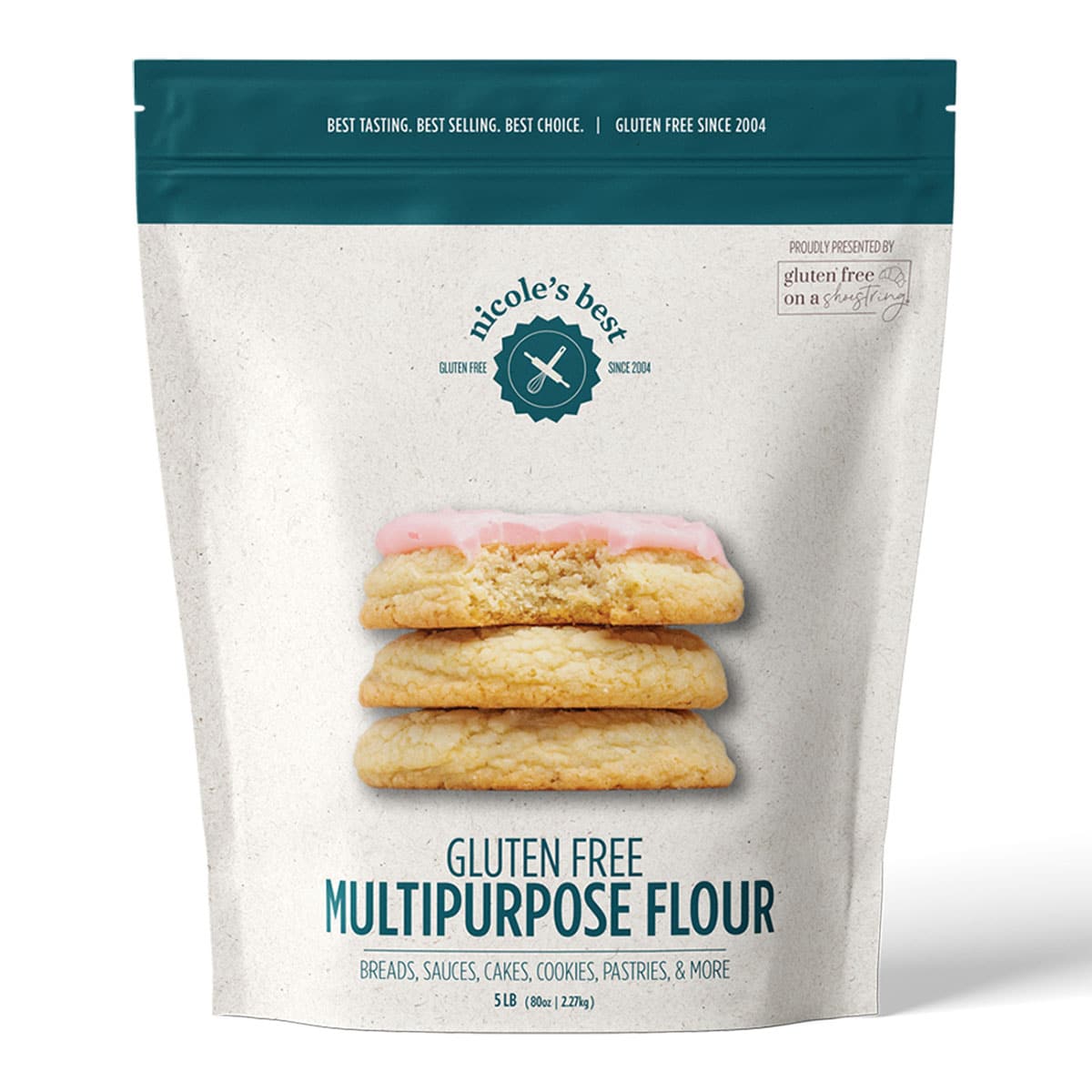 front of 5 pound package of Nicole's Best gluten free multipurpose flour with stack of 3 cookies on front