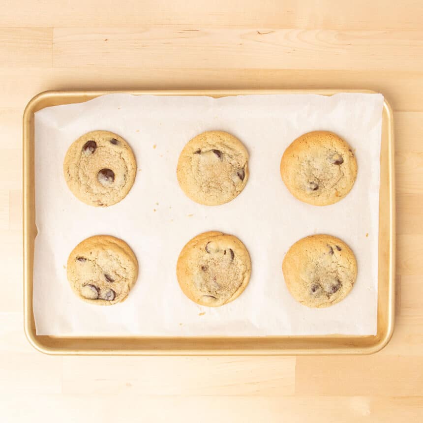 6 oat flour chocolate chip cookies baked on tray