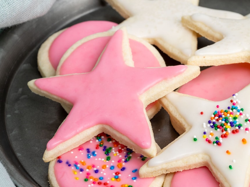 baked and decorated almond flour sugar cookies