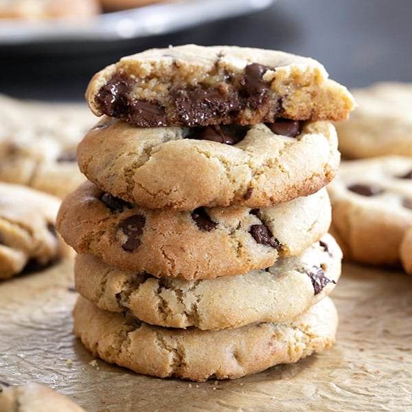 gluten free desserts chocolate chip cookies in stack of 5 with one broken