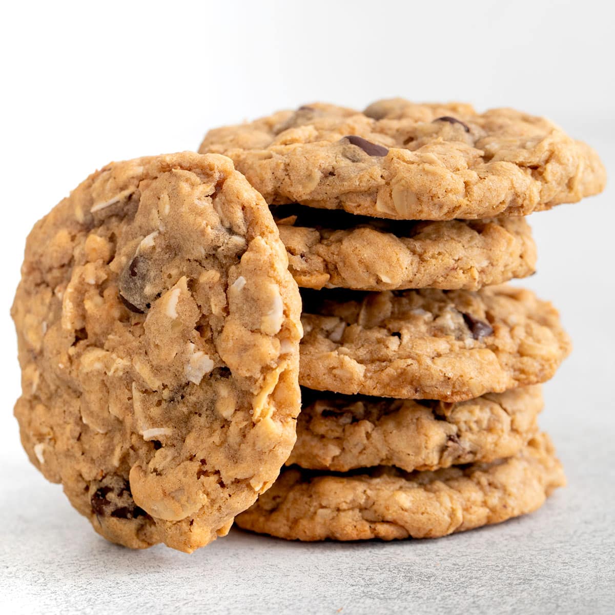 stack of 5 gluten free cowboy cookies with one more on its side