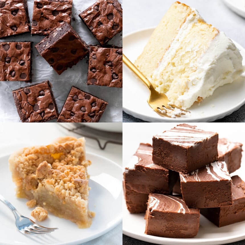 gluten free desserts recipes with images of brownies, vanilla layer cake, apple pie slice and stack of marshmallow cream fudge