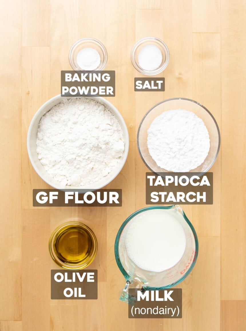 Gluten free flatbread ingredients in small bowls with written names