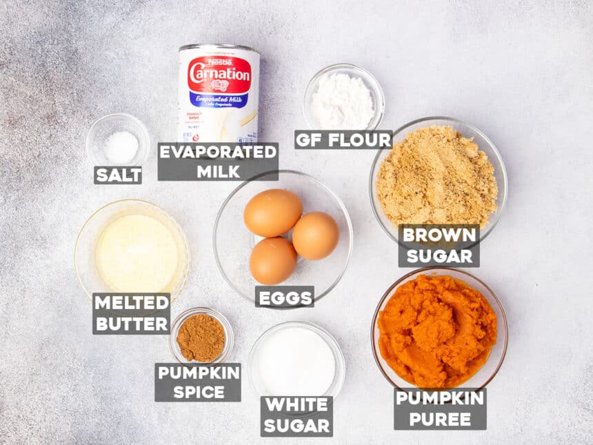 gluten free pumpkin pie filling ingredients in small glass bowls with identifying ingredient words