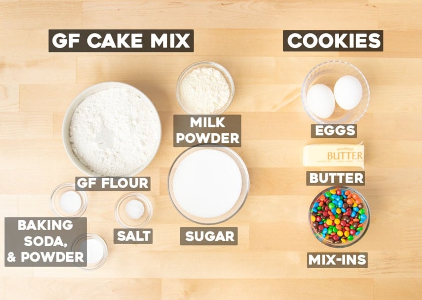 ingredients for homemade gluten free cake mix and then ingredients like mini M&Ms, butter, and eggs to make cookies