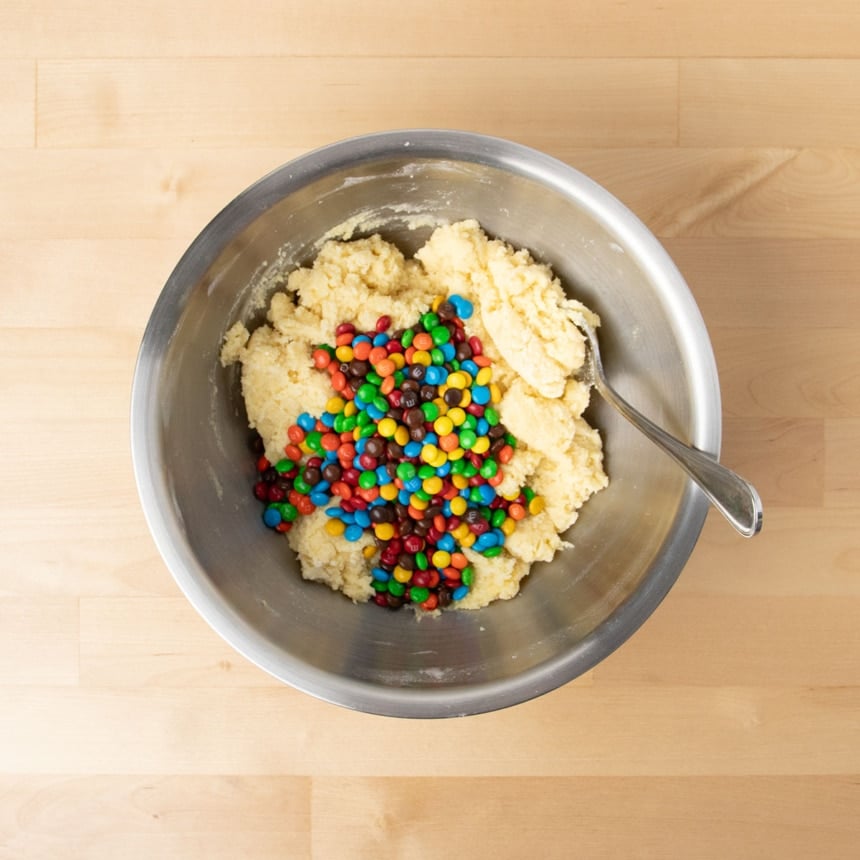 mini M&Ms colored candies on top of light yellow cookie dough in mixing bowl