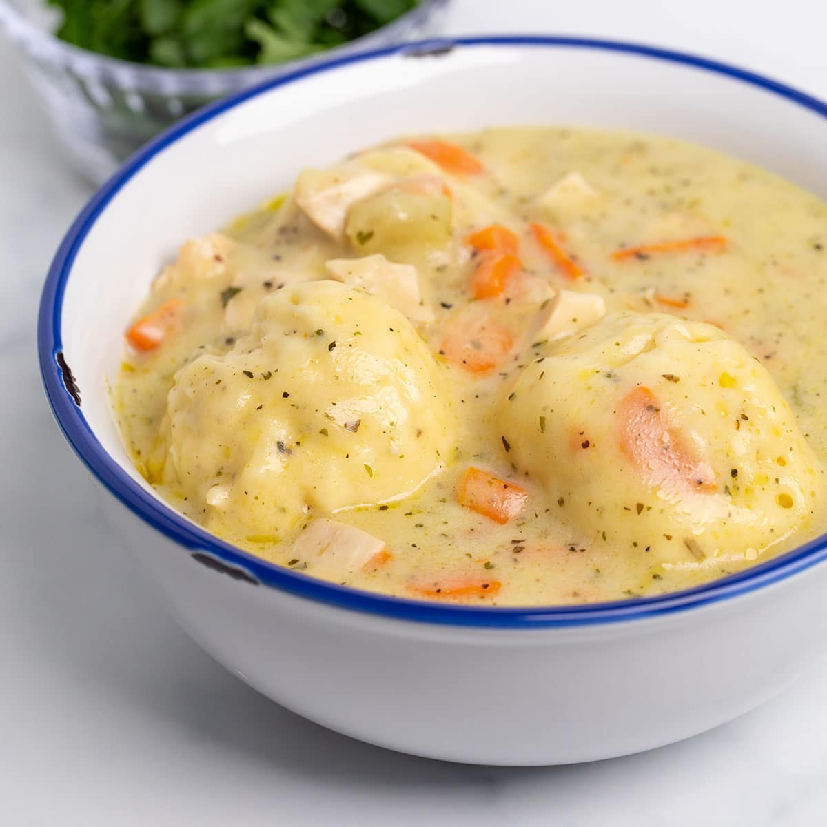 gluten free chicken and dumplings closeup image of 2 dumplings with soup, chicken, carrots and herbs in white bowl