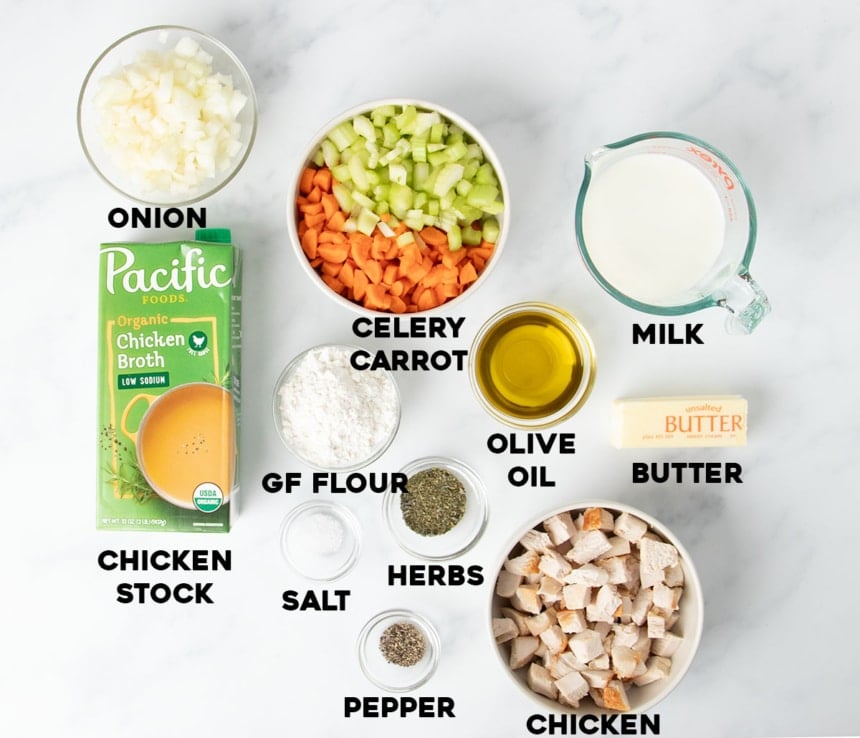 overhead image of small bowls with ingredients for chicken and dumplings soup, including chopped chicken