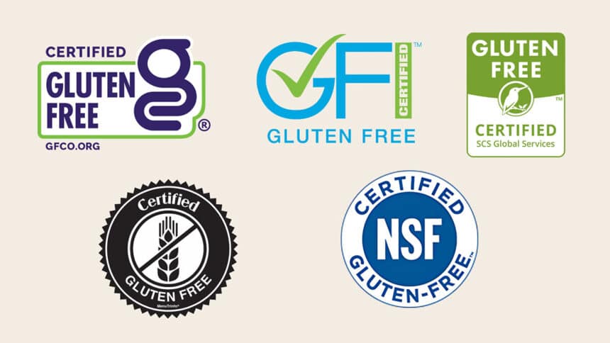 5 gluten free certification logo examples on tan background