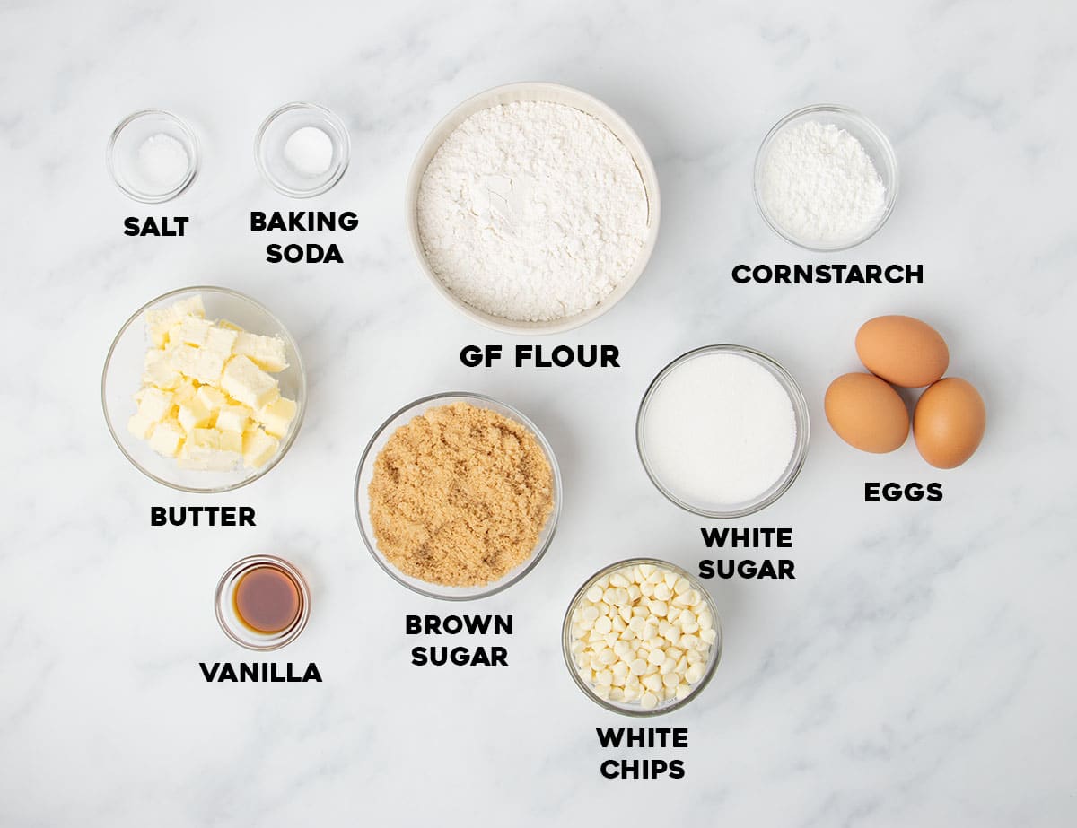 overhead image of small bowls with ingredients for gluten free blondies