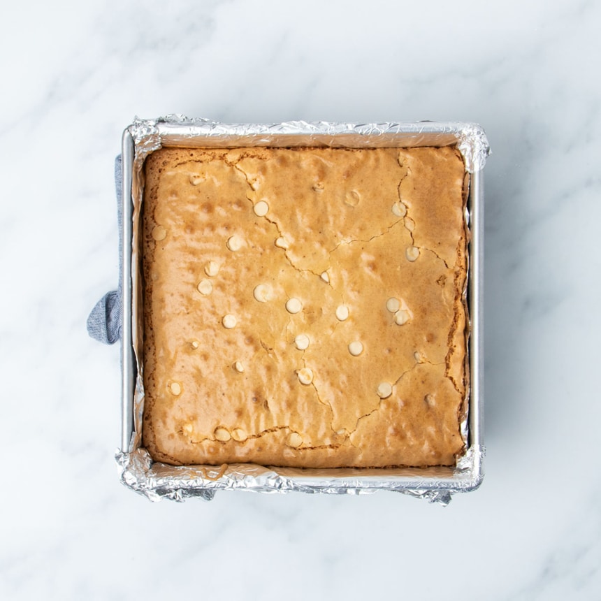 brown baked gluten free blondies in same pan