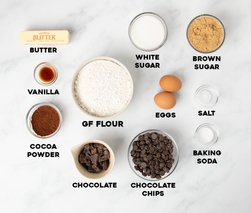 overhead image of ingredients for gluten free chocolate cookies in small bowls with name of each one