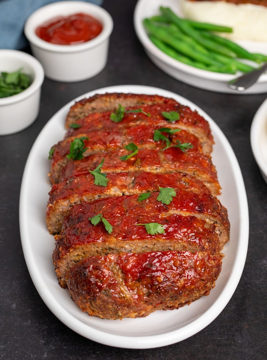 8 slices of gluten free meatloaf arranged in whole loaf on white oval platter on black surface with extra red and green condiments in small bowls with two round plates with green beans