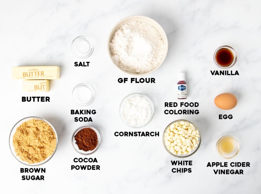 overhead image of gluten free red velvet cookies ingredients in small bowls