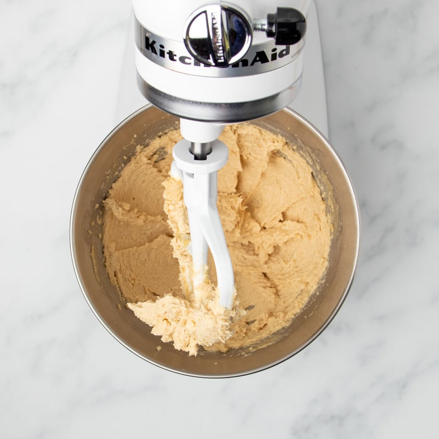 pale brown soft beaten butter and brown sugar in same mixing bowl with white flat beater