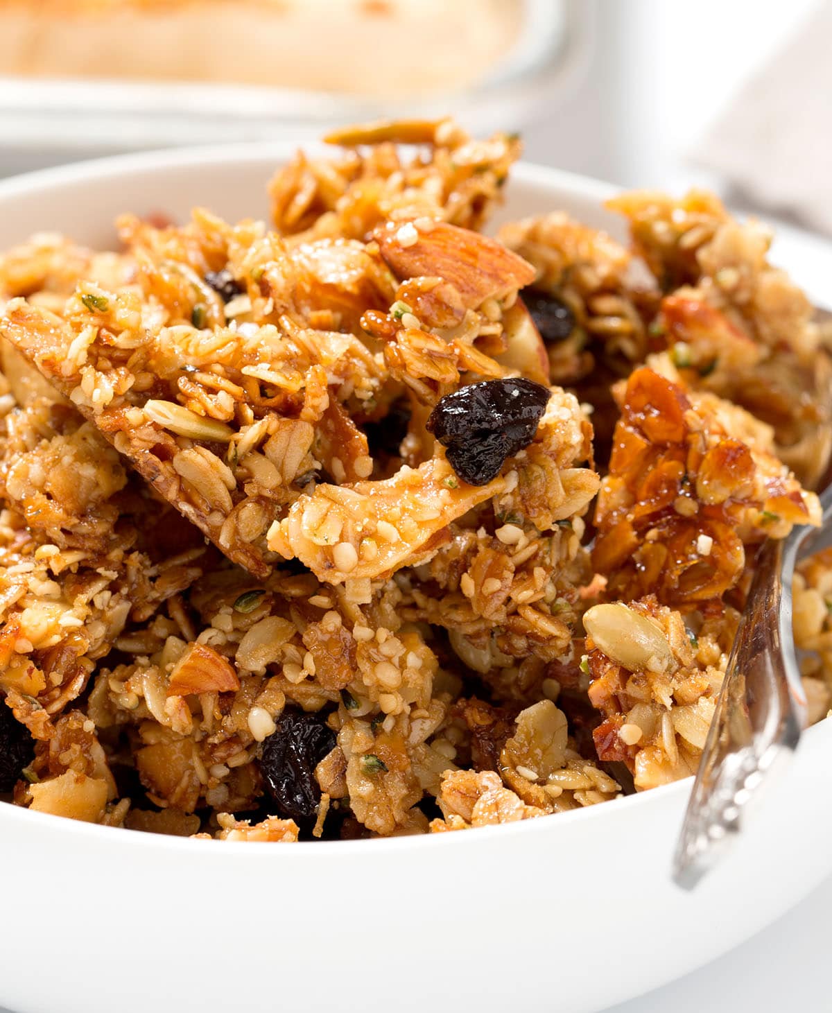 Close up of brown clusters of oats, seeds, coconut chips, and dark pieces of dried fruit in white bowl with metal spoon