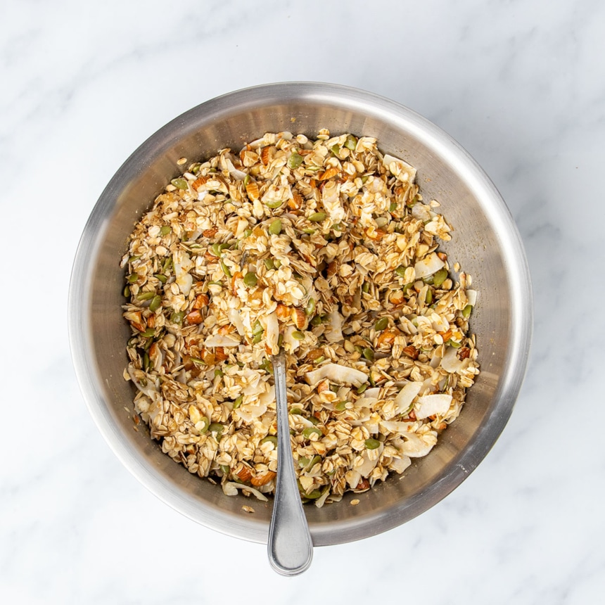 Ingredients in same bowl with spoon now mixed