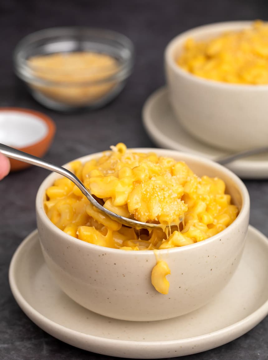 same sand colored small bowl with dairy free mac and cheese inside with a metal spoon in the bowl scooping one bite